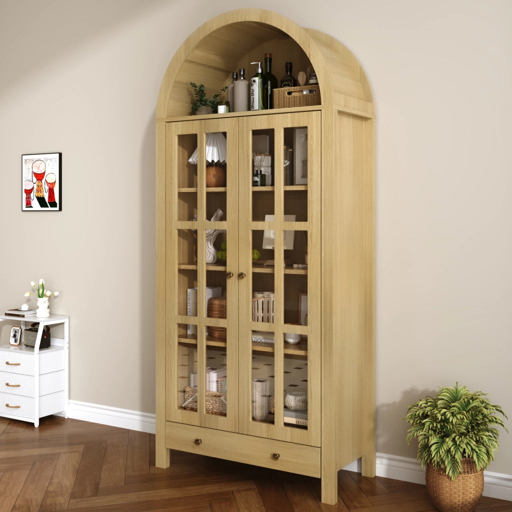 Vetrina ad arco con ante in acrilico trasparente e cassetto in MDF naturale per soggiorno 75 × 35 × 170.5 cm