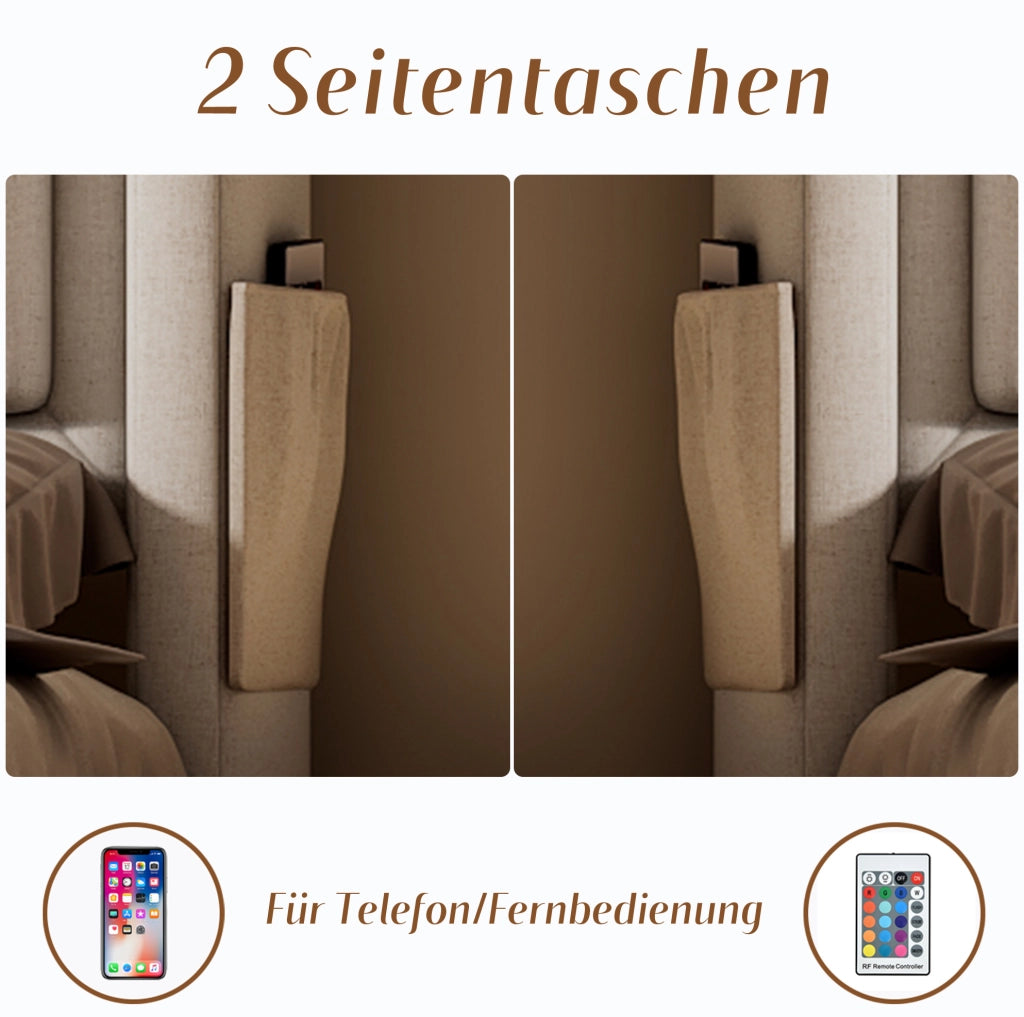 Letto contenitore 140 × 200 cm con LED; prese USB e USB-C; 220 × 141 × 109 cm; beige