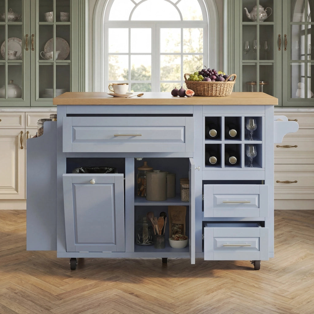 Carrello da cucina pieghevole 143x75x91 cm in MDF blu con contenitori