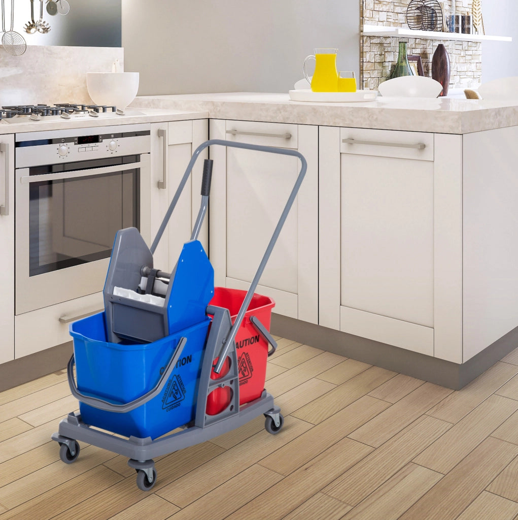 Carrello per pulizie ULEVR 73x45x92 cm con 2 secchi, strizzatore e 4 ruote, blu