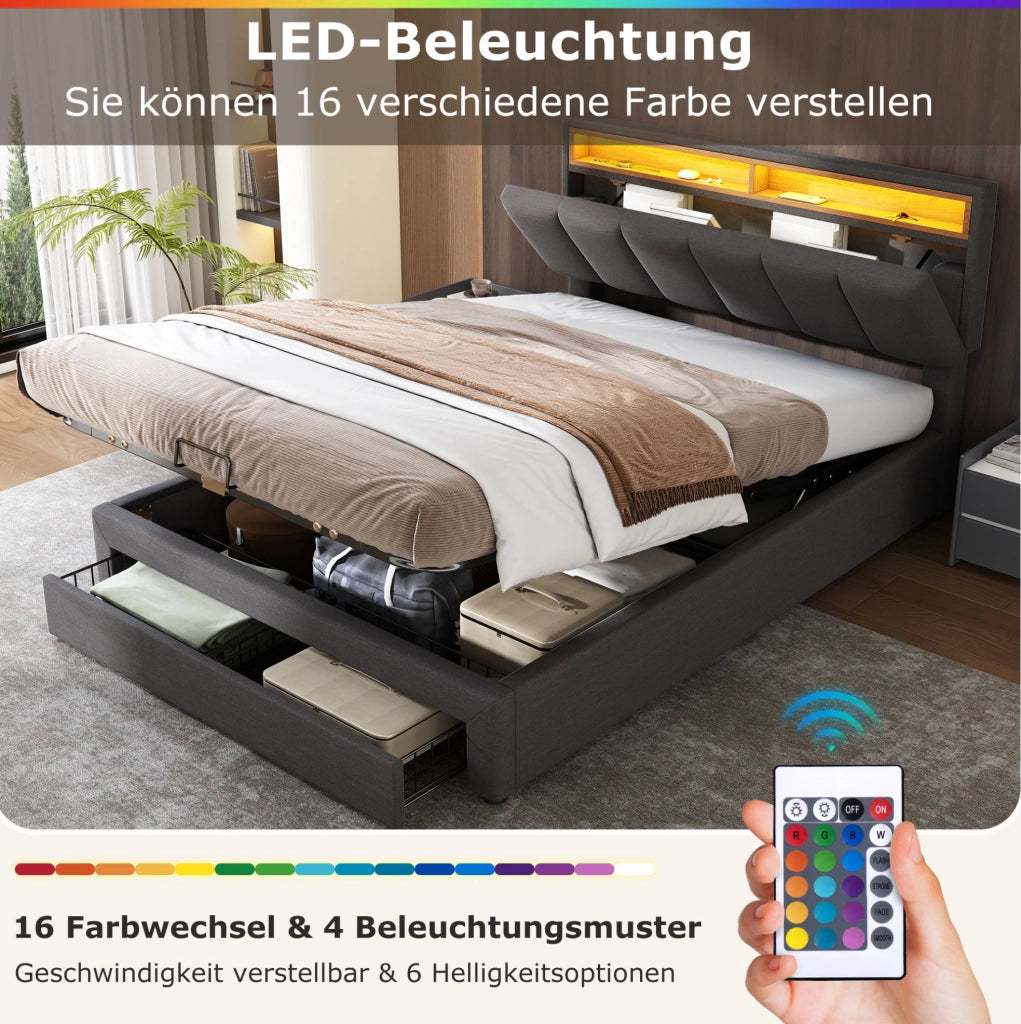 Letto imbottito 160 × 200 cm con LED regolabile e rete a doghe; grigio scuro