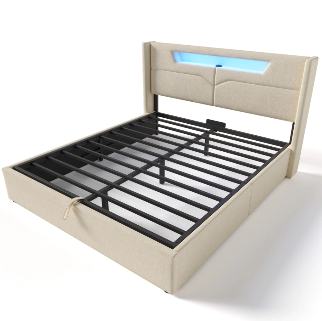 Letto 140x200 cm con contenitore, LED, USB e USB-C in lino beige