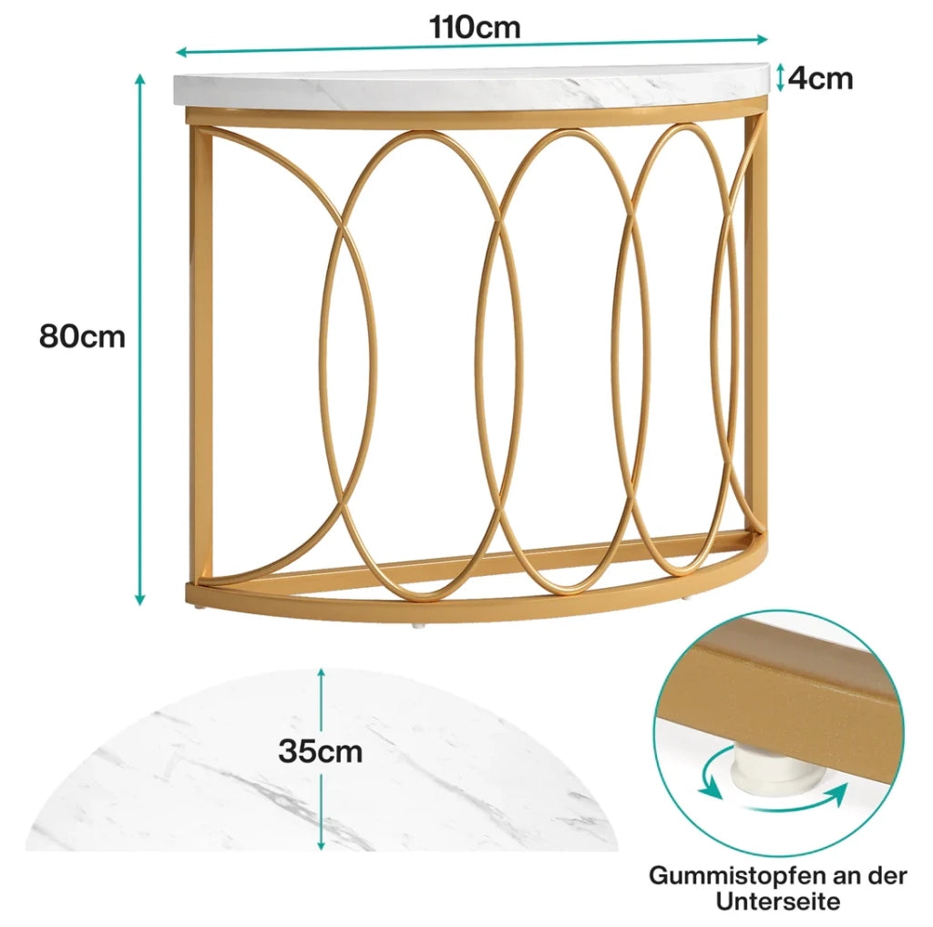 Tavolo consolle da ingresso semicircolare oro e bianco, 110 x 35 cm