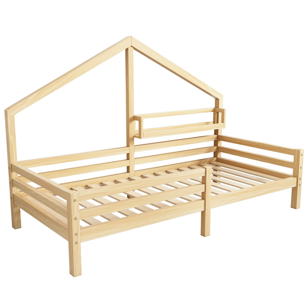 Letto per bambini 90 × 200 cm con barriera; mensola e senza materasso; in pino; stile scandinavo; finitura naturale