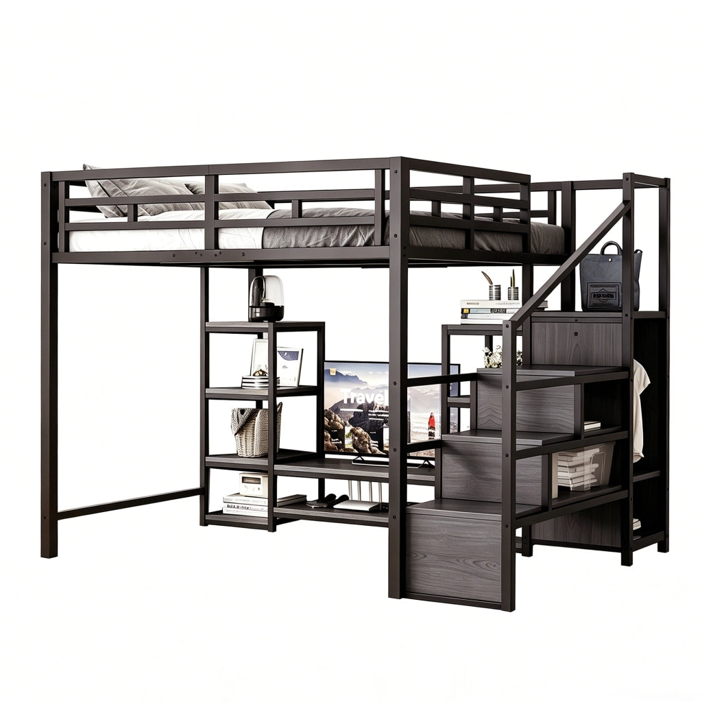 Letto mezzanino nero 140x200 mobile TV presa a presa scala sicura metallo + legno letto a castello con riporzione
