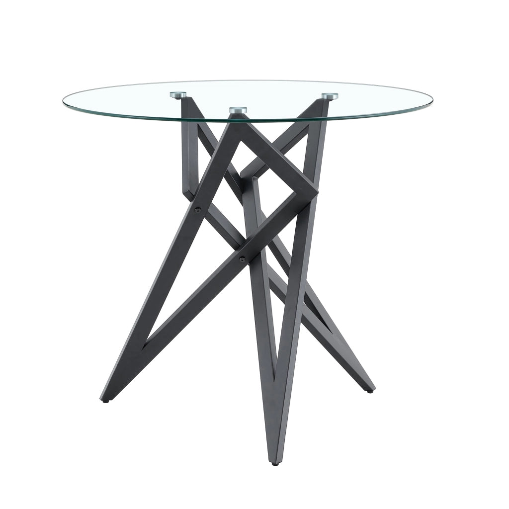Tavolino da salotto rotondo moderno con piano in vetro temperato e base geometrica in metallo per soggiorno, nero