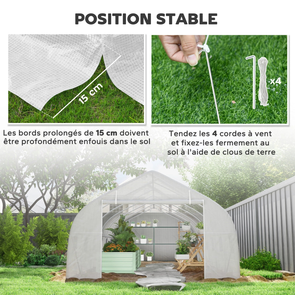 Serre de jardin tunnel grande taille avec bâche PE cadre en acier porte enroulable et 12 fenêtres 8 x 3 x 2 m blanc