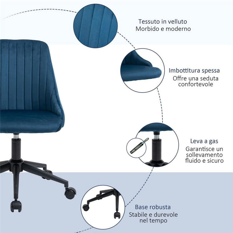SEDIA DA UFFICIO GIREVOLE CON ALTEZZA REGOLABILE 50 X58 X 77-85 CM VELLUTO BLU