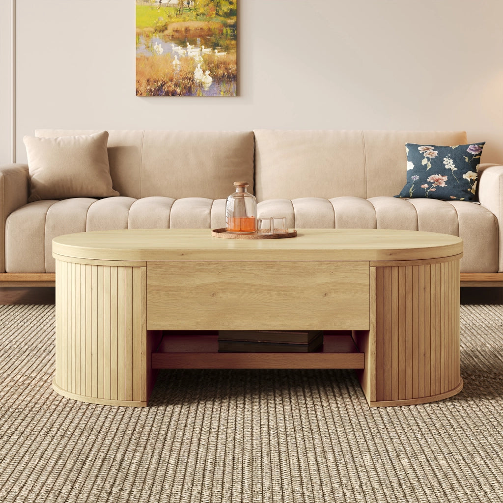 Tavolino da salotto con piano sollevabile 110x55;5x40 cm in MDF con lati in legno curvo color legno naturale