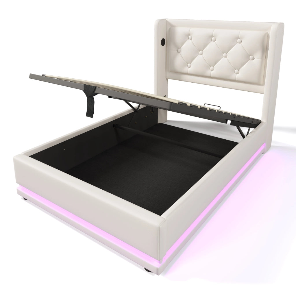 Letto contenitore 90 × 200 cm in PU bianco con LED; USB e Type-C