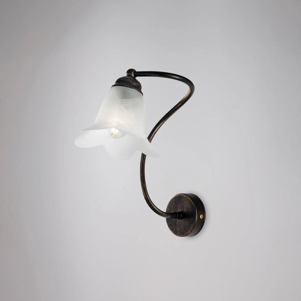 Applique 1 Luce Alice Ferro Battuto Marrone E Oro Vetro Bianco