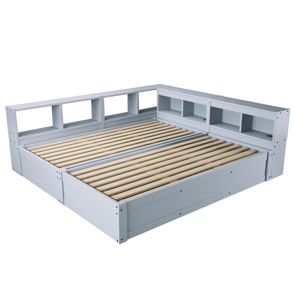 Letto multifunzionale 90/180x200 cm con contenitore idraulico, LED e prese, grigio
