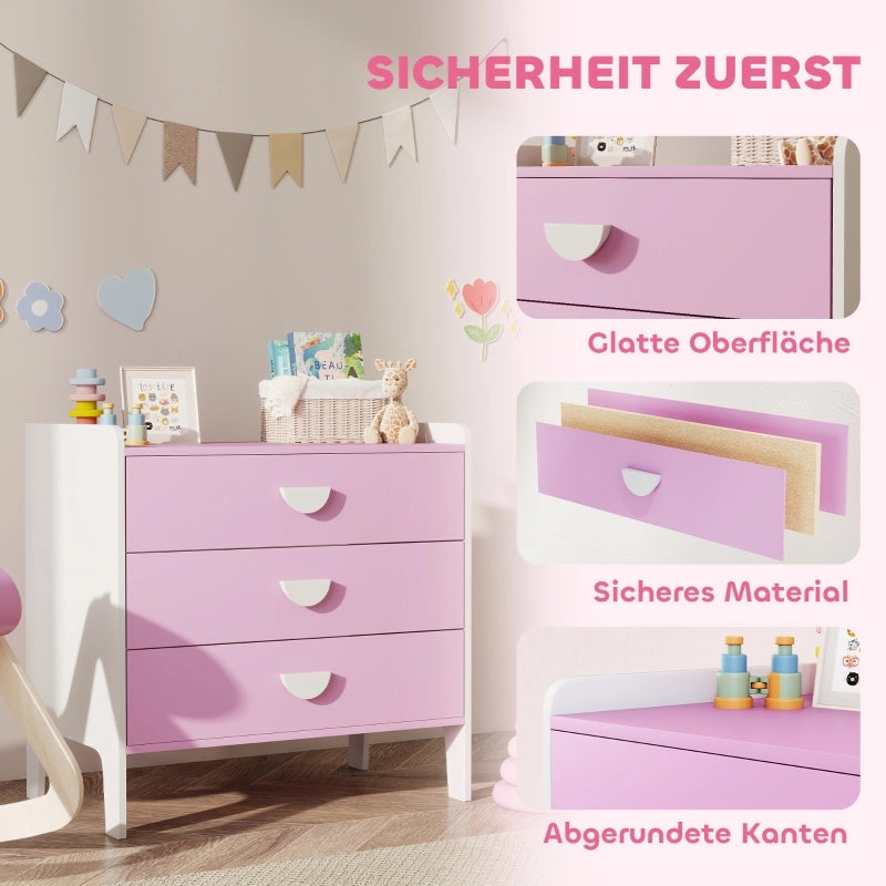 Comò per bambini con 3 cassetti, MDF, rosa e bianco