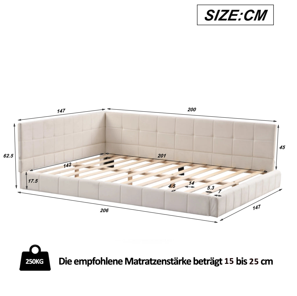 Letto divano imbottito 140x200 cm con rete a doghe in velluto beige
