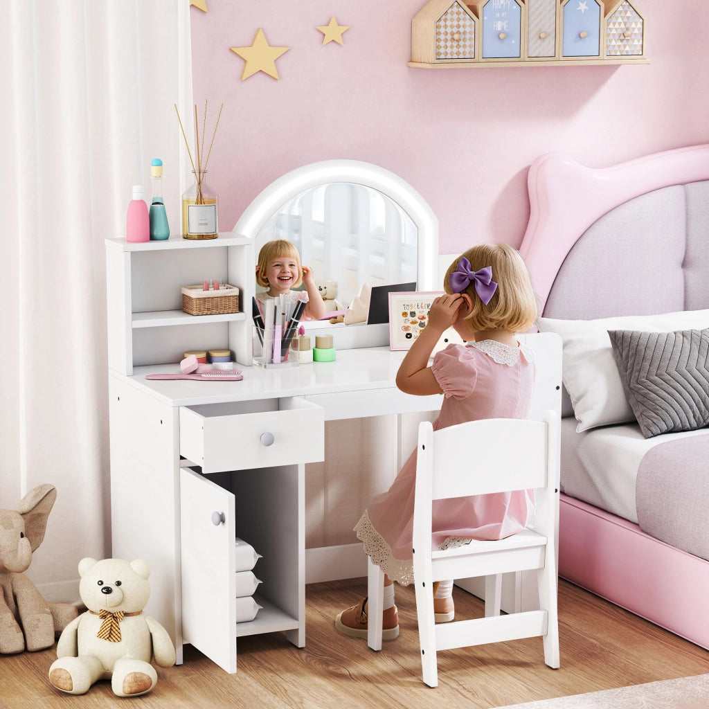 Set Toeletta Trucco per Bambine 88,6x38,8x96,9 cm con Specchio Sedia Luce LED Armadietto Scaffali e Libreria in MDF