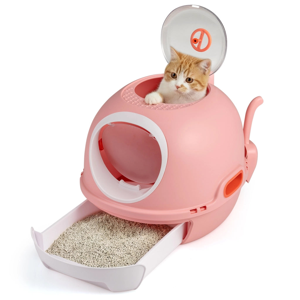 Lettiera per gatti con coperchio stile elicottero ingresso frontale uscita ribalta, Toilette per gattini cassetto portatile piccoli medi fino a 10 kg Rosa