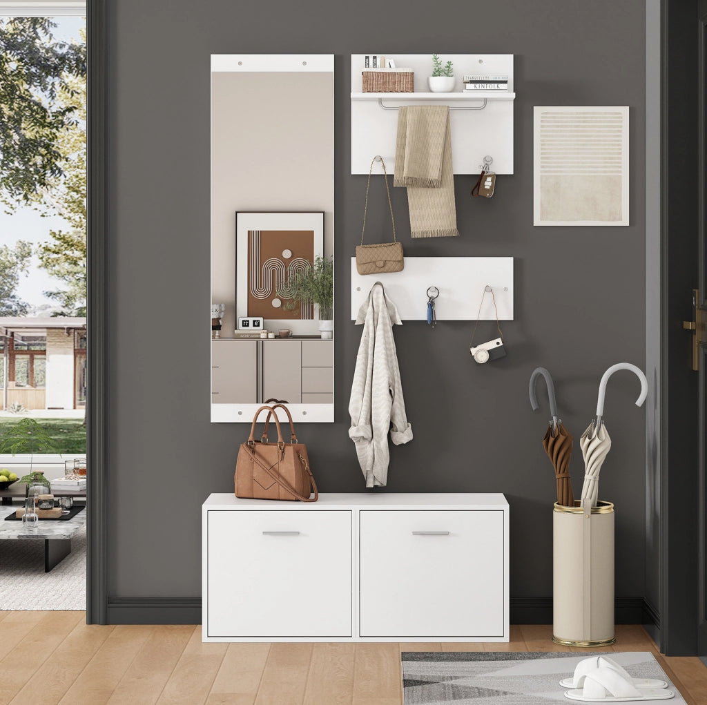 Set guardaroba da ingresso 4 pezzi con specchio e scarpiera; bianco