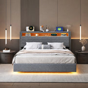 Letto imbottito 140x200 cm con contenitore idraulico, USB e LED in lino grigio