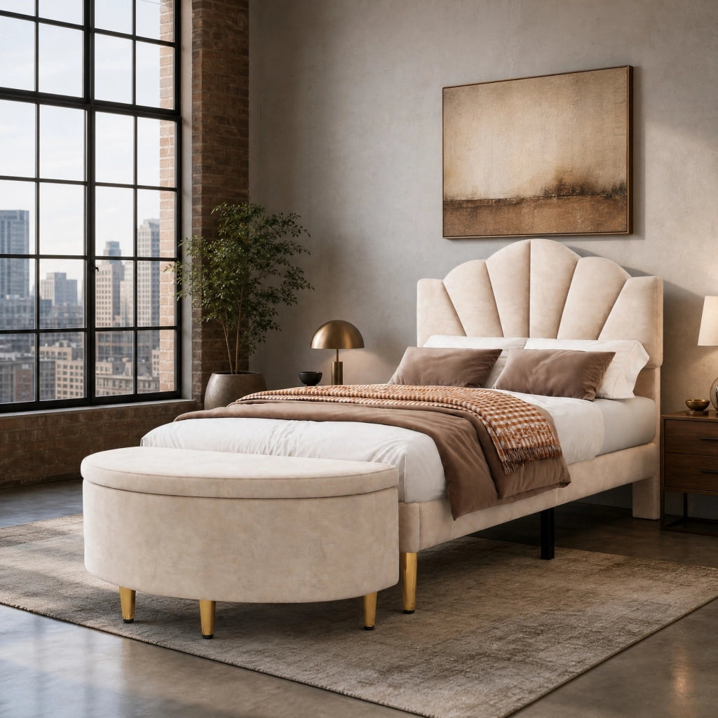 Letto imbottito in velluto beige 90 x 200 cm con testiera regolabile