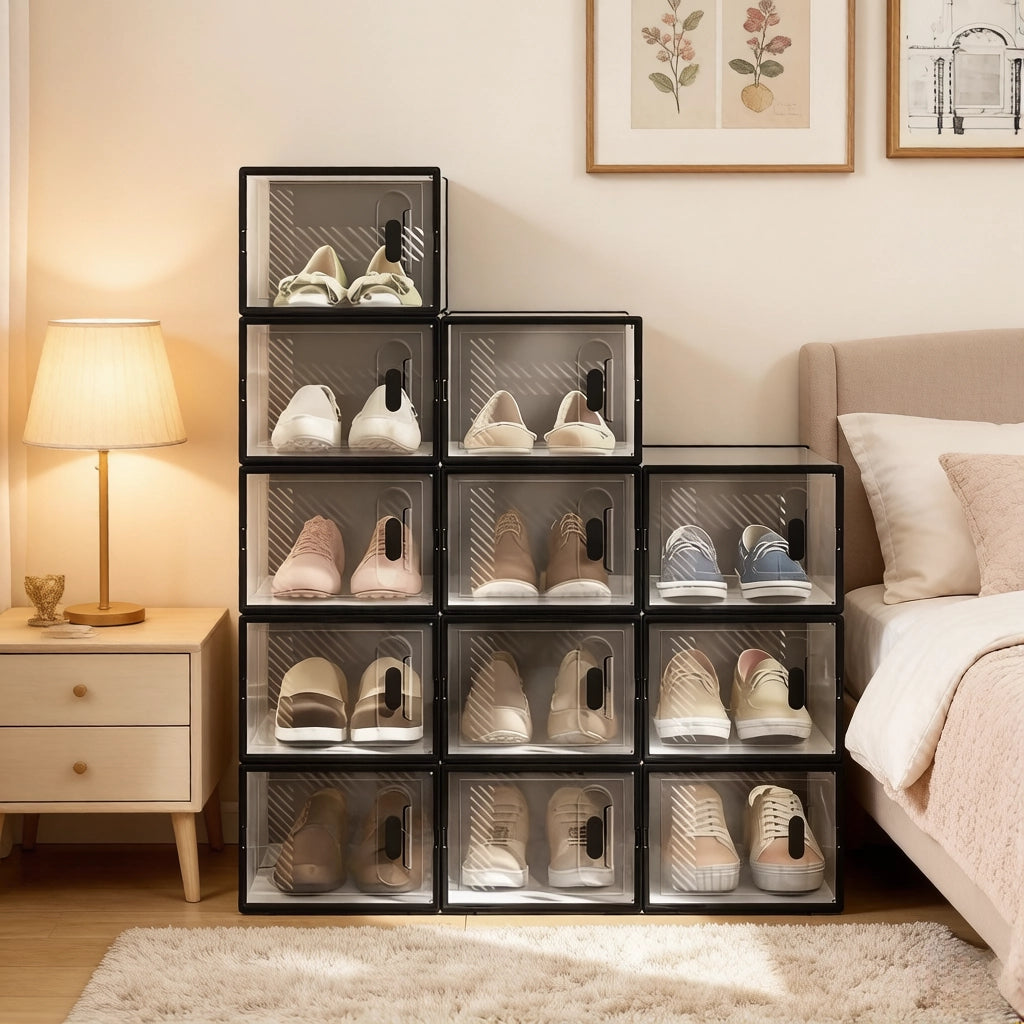 Scarpiera modulare con 12 box impilabili e aperture frontali, in plastica trasparente e nera, per camera da letto