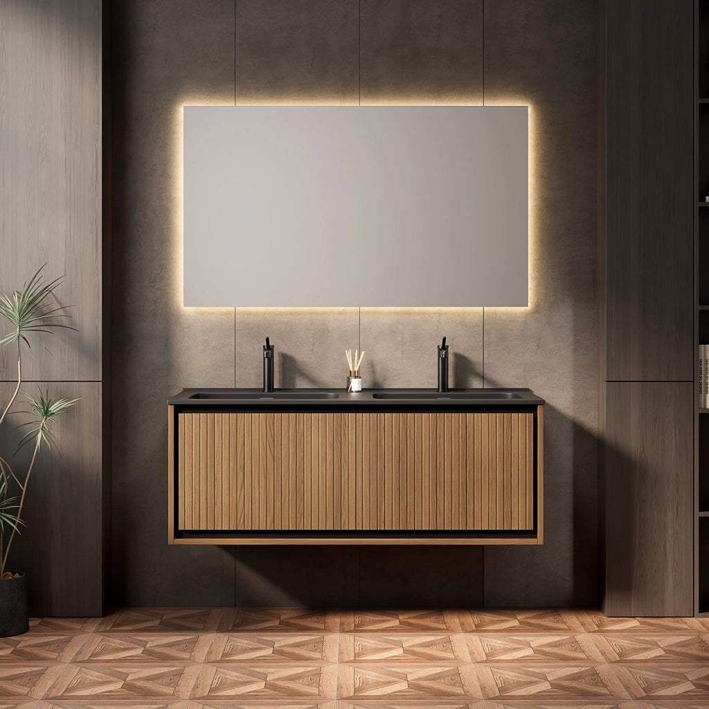 Mobile lavabo da parete 121 cm con 2 lavabi rettangolari in resina nera, armadio in compensato striato verticale con 2 cassetti, preassemblato, colore rovere marrone