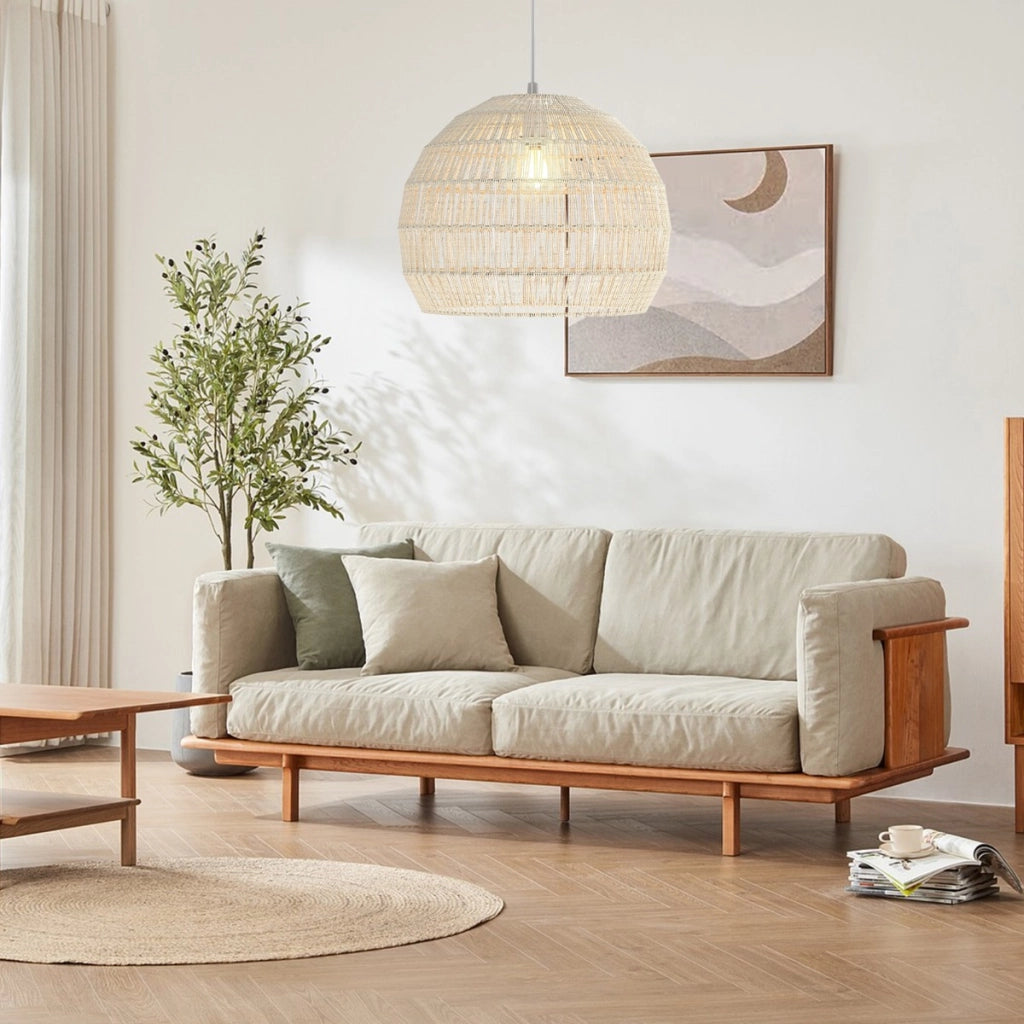 Lampada a sospensione intrecciata in carta per cucina camera da letto, Lampadario boho con altezza regolabile Beige
