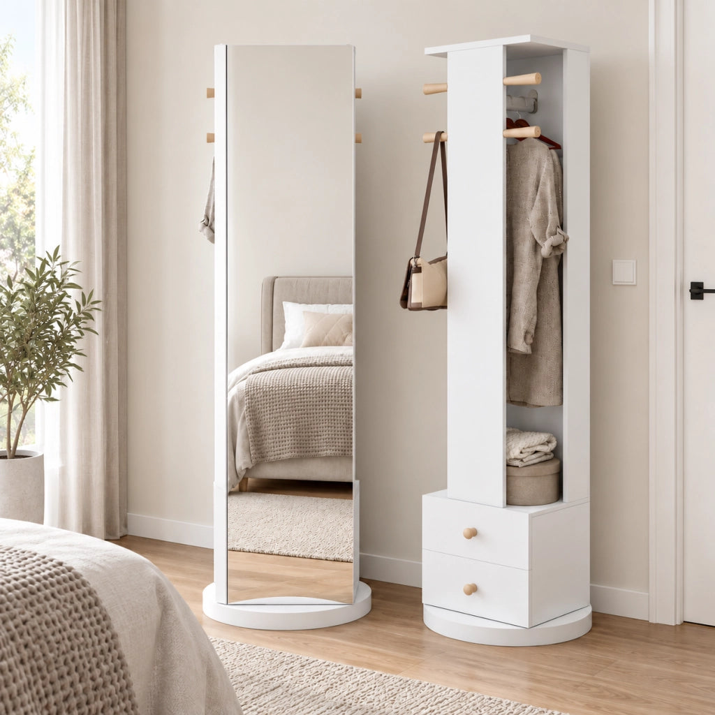 Specchio a Terra 160x45 cm, Specchio Figura Intera con Appendiabiti Girevole a 360°,  4 Ganci Laterali, Barra Porta Abiti, 2 Cassetti, Bianco