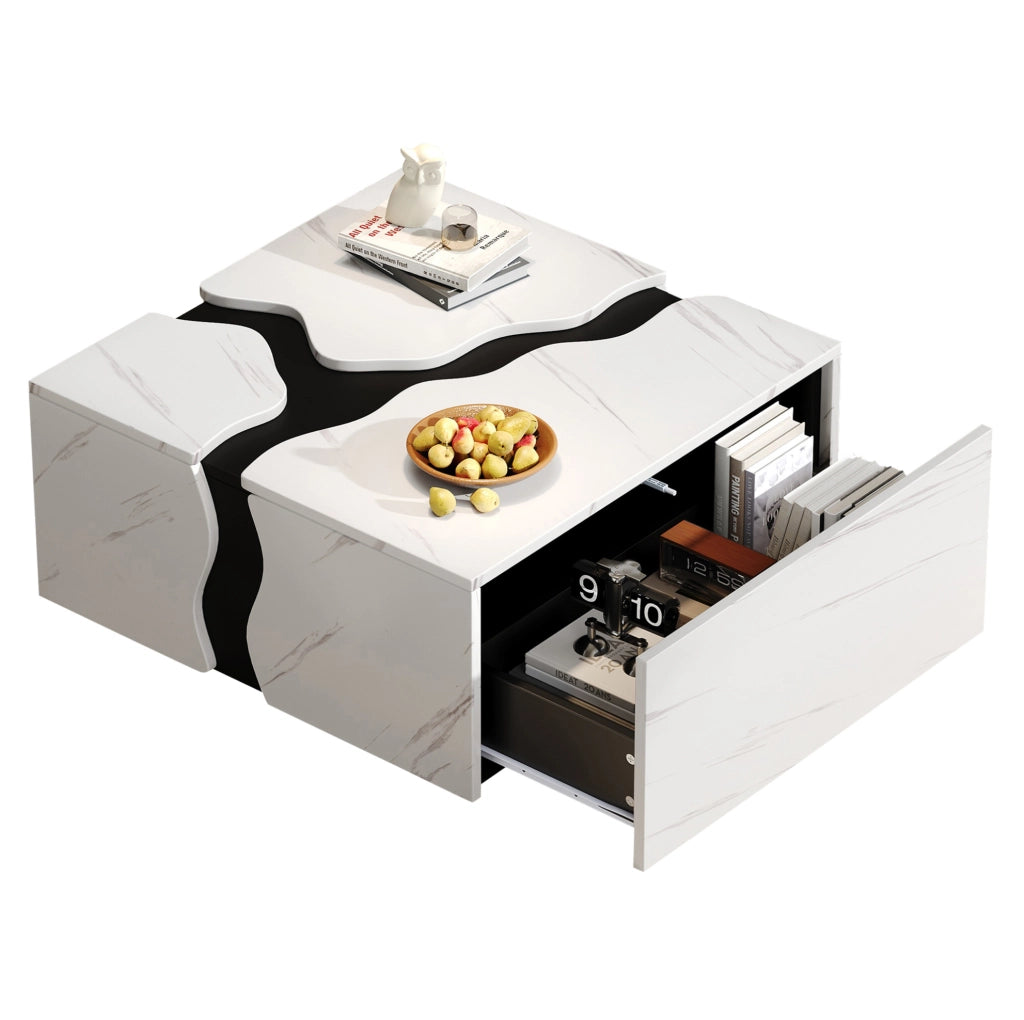 Tavolino da salotto geometrico 70 x 70 x 31 cm bianco in truciolare effetto marmo con cassetto