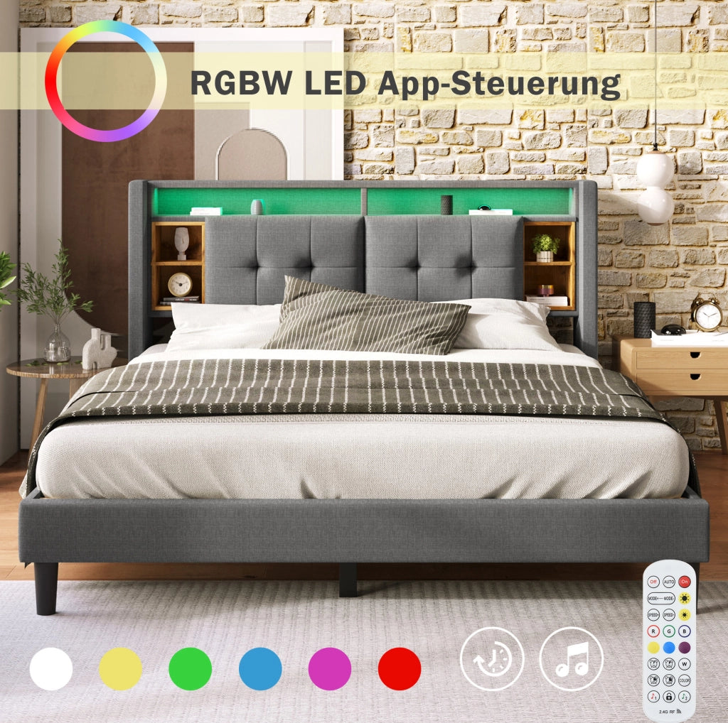 Letto matrimoniale imbottito con contenitore, testiera con USB e illuminazione LED, struttura in legno massello 140x200 cm grigio (senza materasso)