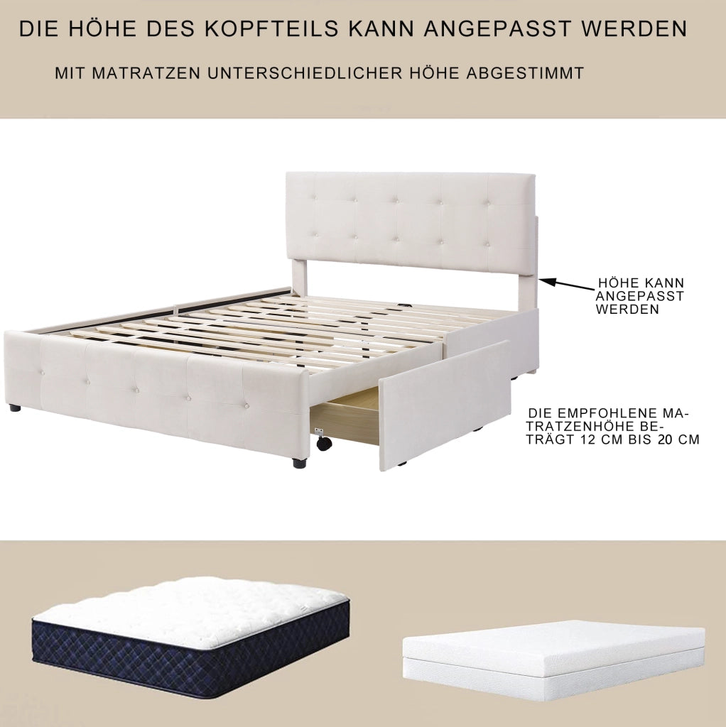 Letto imbottito con 4 cassetti e supporto a doghe; struttura in acciaio; beige