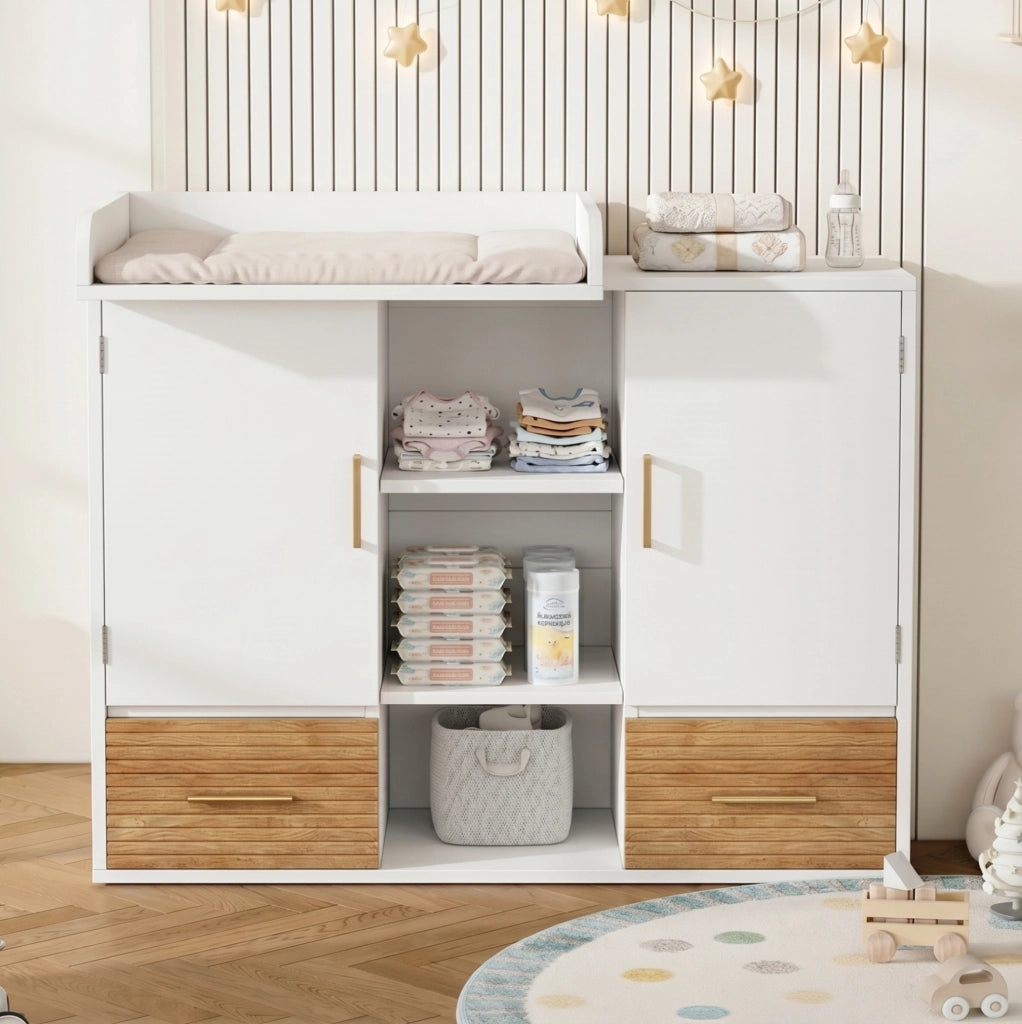 Mobile fasciatoio ULEVR 114x53x92 cm con sponda removibile, 2 cassetti, ante e ripiani, naturale e bianco