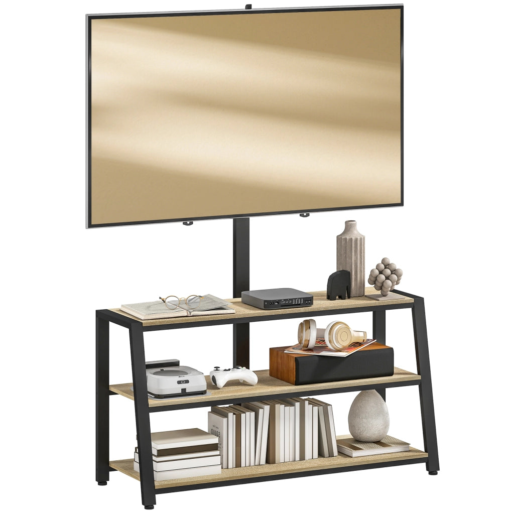 Mobile porta TV con supporto per schermi 32-70 pollici, ripiani aperti, regolabile 35°, effetto legno naturale, 108x41x135cm