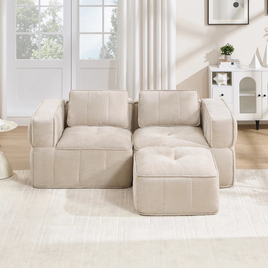 Divano modulare 2 posti con pouf seduta profonda senza struttura base antiscivolo in poliestere beige 198×162×67 cm