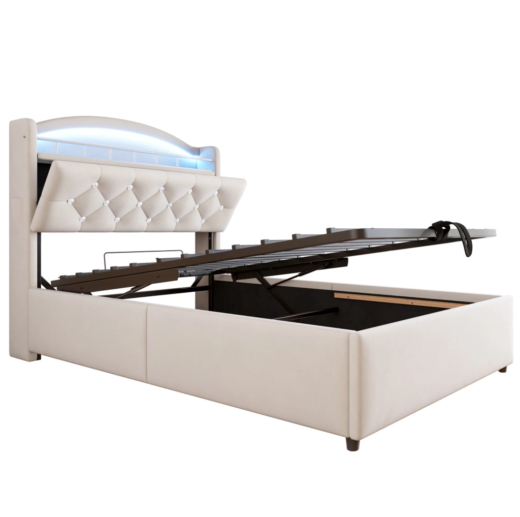 Letto imbottito per bambini 90x200 cm con contenitore, LED e porte USB in tessuto beige