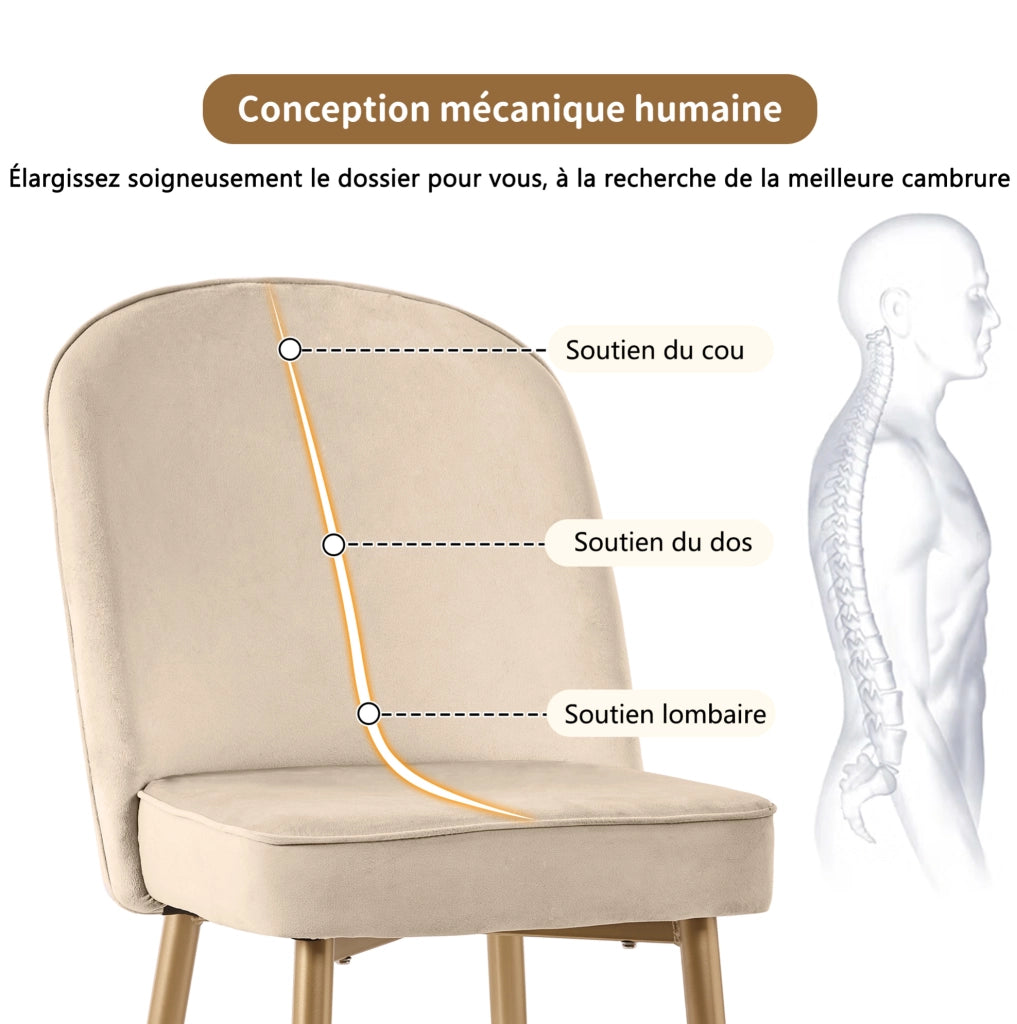 Set di 4 Sedie da Pranzo Beige in Velluto con Gambe in Metallo Dorato, Moderne e Comode