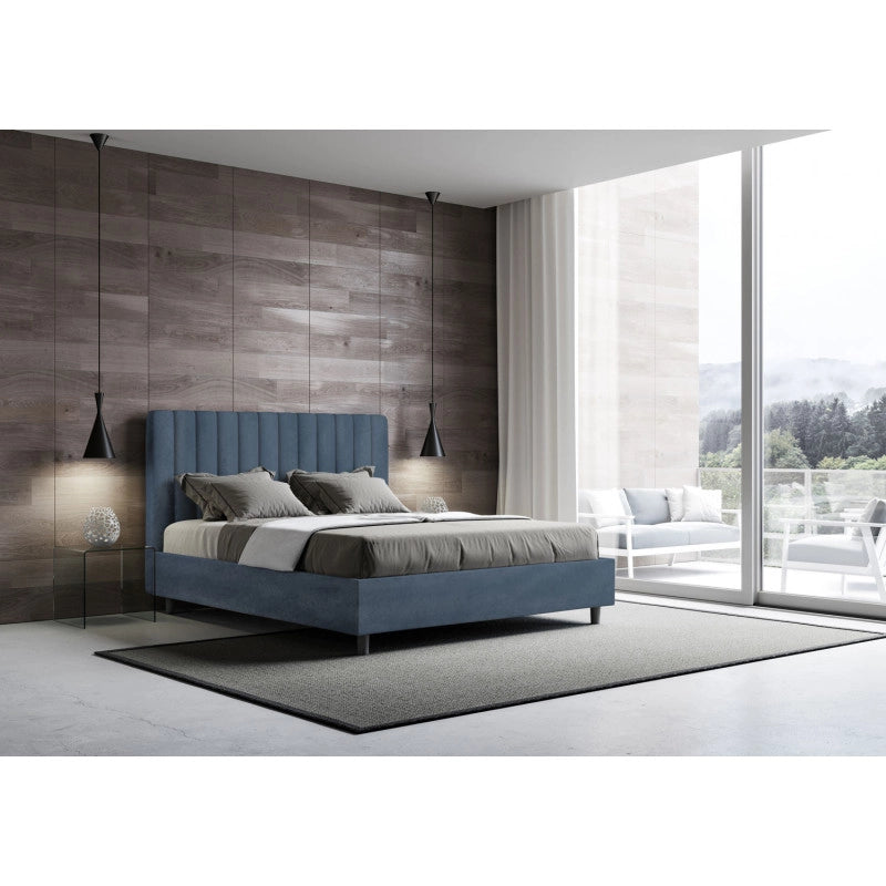 Letto imbottito Letto Matrimoniale alla Francese 150x200 cm Agueda - Contenitore,Microfibra,Blu