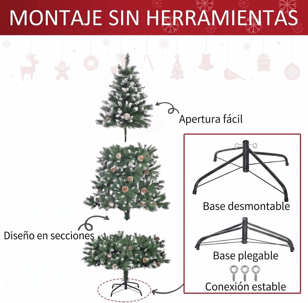 Albero di Natale Innevato 135cm Ignifugo con Pigne Decorative e Supporto Metallica