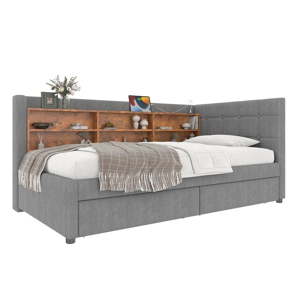 Letto Singolo con Cassetti e Rete a Doghe ¨C MINIMAL ¨C Tessuto Grigio 90x200