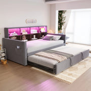 Divano letto imbottito 90x190 cm con contenitore, LED e prese integrati