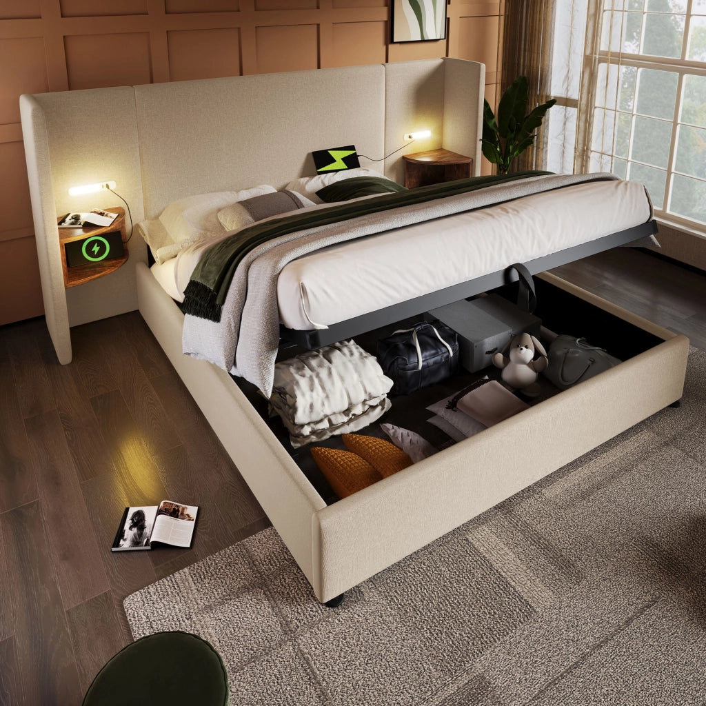 Letto contenitore matrimoniale 160x200 beige con materasso