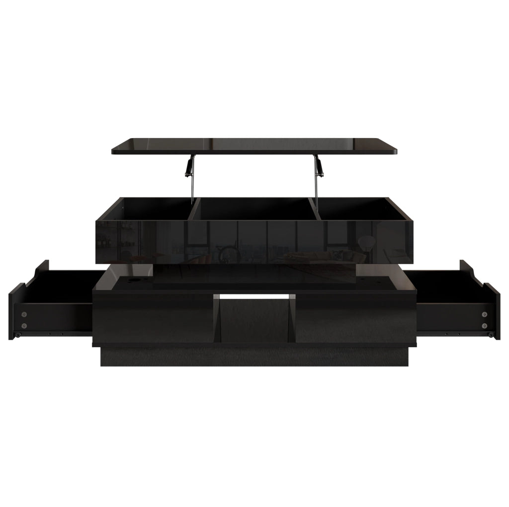 Tavolino da salotto nero lucido con piano elevabile e LED