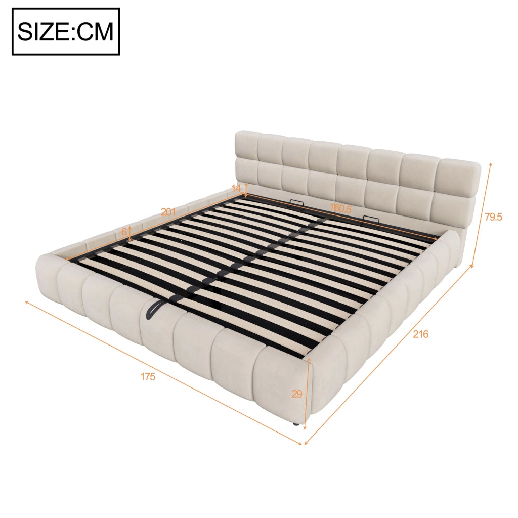 Letto contenitore matrimoniale 200 × 160 cm, illuminazione LED regolabile e testiera imbottita, senza materasso, beige