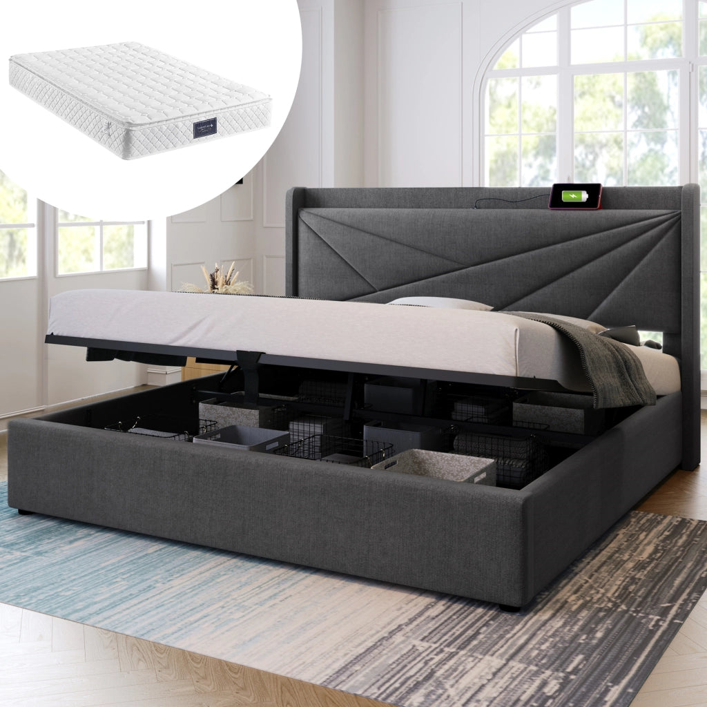 Letto matrimoniale 140x200 con contenitore grigio e prese USB