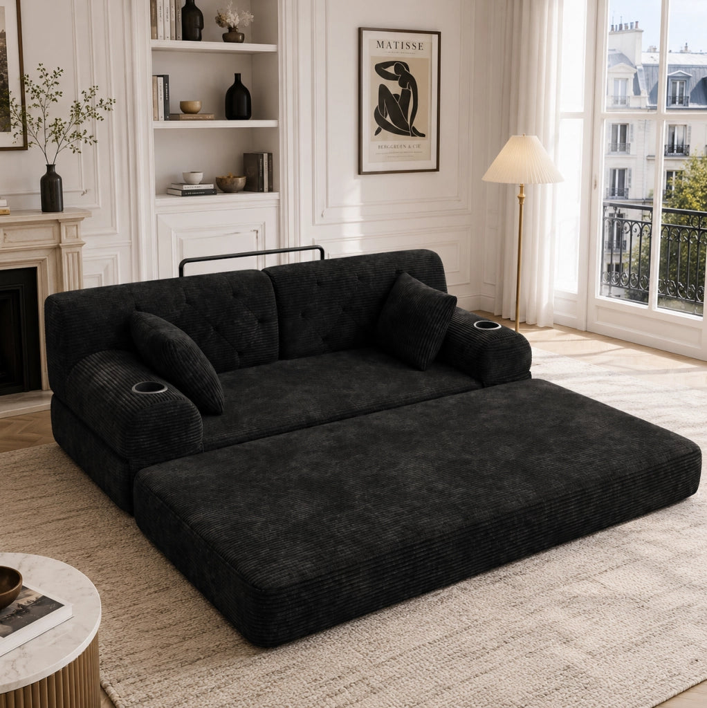 Divano Letto 3 Posti in Corduroy Nero con Schienale Alto, Struttura in Metallo, 4 Tasche Laterali e 2 Portabicchieri - Ideale per Soggiorno e Spazi Ridotti