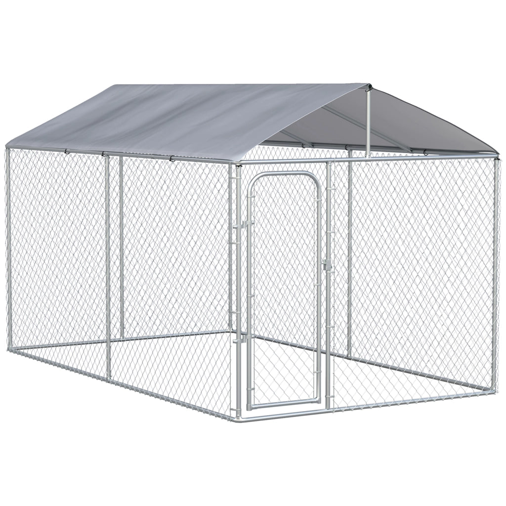 Easycomfort Kennel per Cani in Metallo Galvanizzato con Tettuccio in Tessuto Oxford e Porta con Blocco, 400x230x232cm, Argento