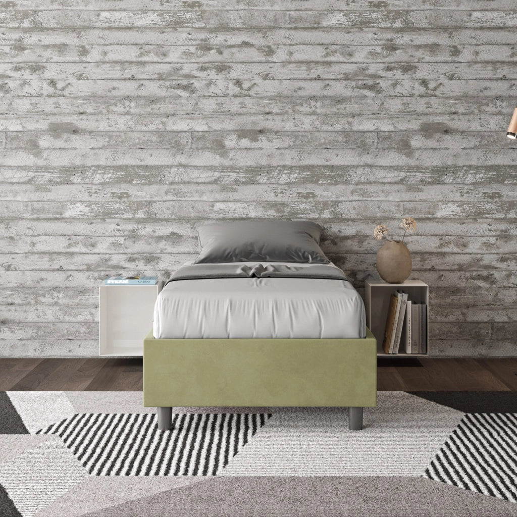 BS COM Letto singolo con rete imbottito 90x200 microfibra tè verde