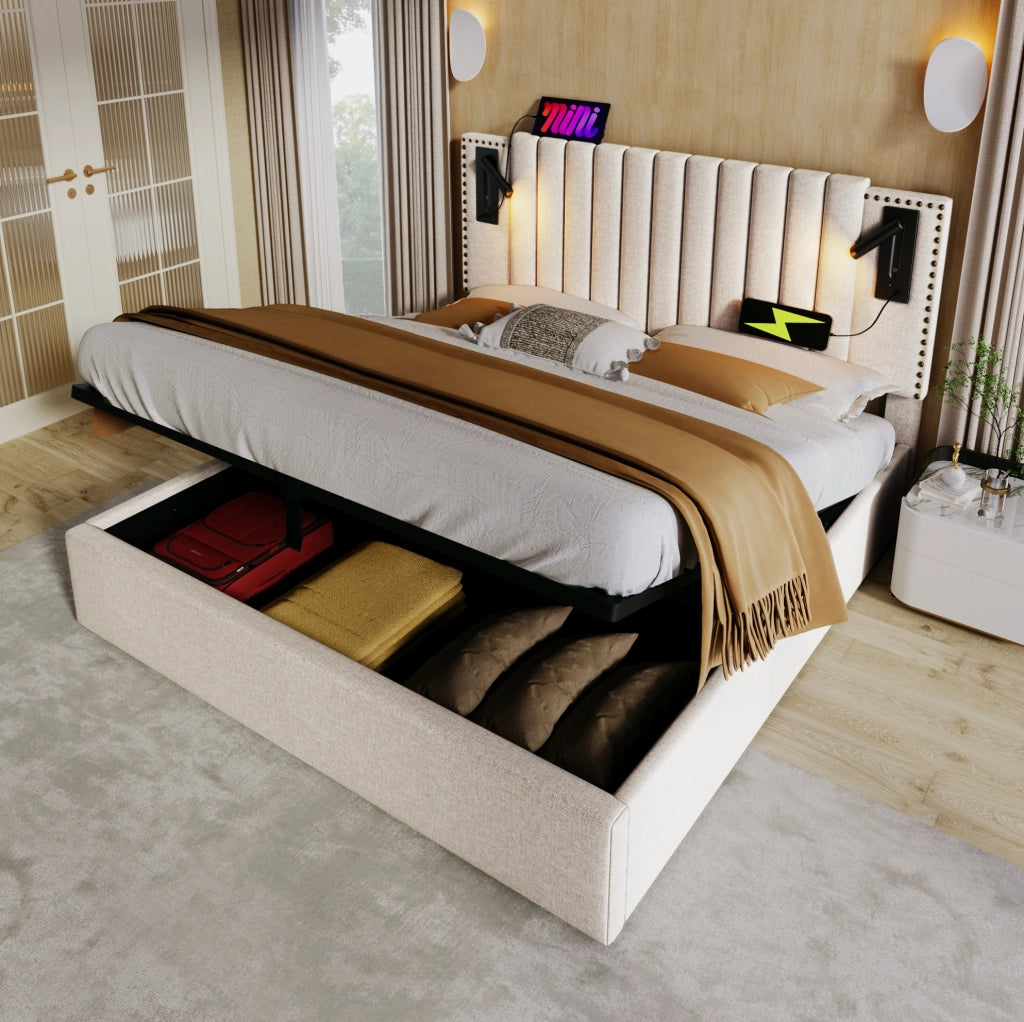 Letto contenitore 140 × 200 cm con luce da lettura e 2 USB + 2 Type-C; cotone beige
