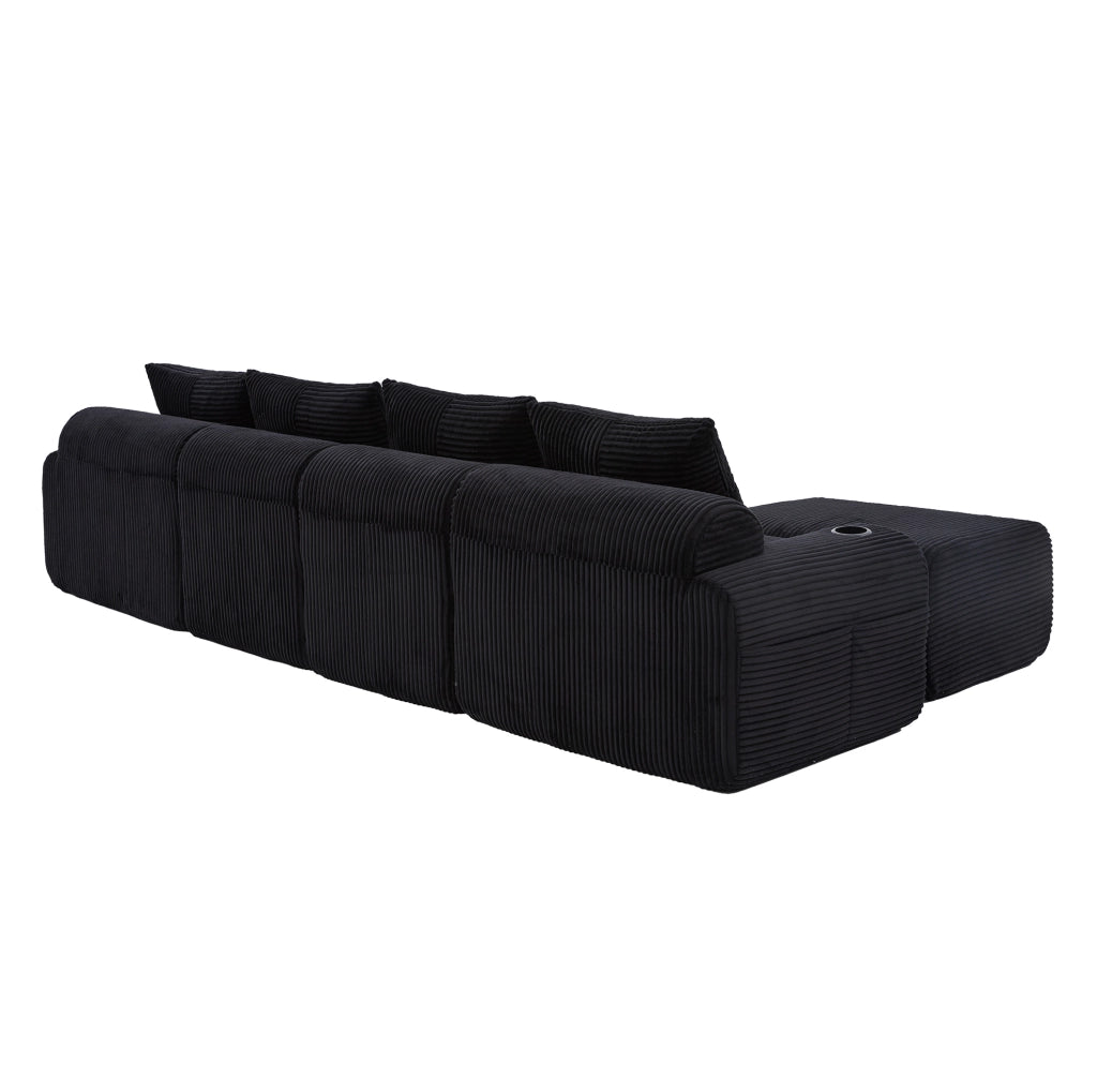 Divano modulare 4 posti con portabicchieri e tasca laterale 333x174x80 cm; corduroy nero