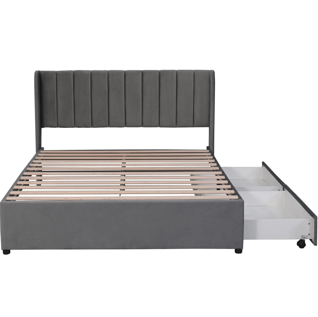 Letto imbottito 140x200 cm in velluto grigio con testiera, rete a doghe e 2 cassetti