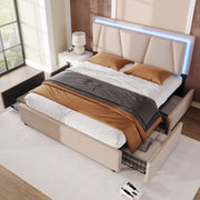 Letto 160x200 cm con LED, 4 cassetti e testiera regolabile in lino beige